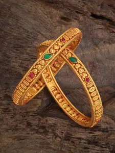Kushal's Fashion Jewellery Set Of 2 92.5 Sterling Silver Gold-Plated Stone Studded Bangles
