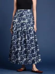 Taavi Women Ethnic Motifs Printed Pure Cotton Indigo Maxi Skirt