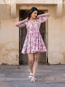 The Roadster Lifestyle Co Women Floral Printed Cotton Puff Sleeves Fit & Flare Mini Dress