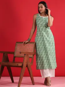 Indo Era Ethnic Motifs Printed Round Neck Machine Weave Pure Cotton Straight Kurta