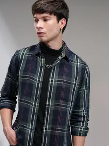 HIGHLANDER Men Tartan Checked Spread Collar Cotton Casual Shirt