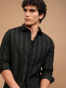 HIGHLANDER Men Slim Fit Vertical Striped Spread Collar Cotton Casual Shirt