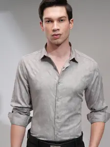 HIGHLANDER Men Slim Fit Spread Collar Textured Cotton Casual Shirt