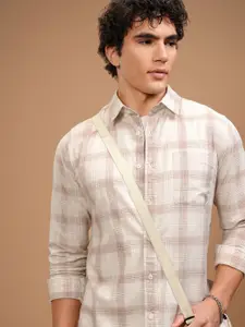 HIGHLANDER Men Slim Fit Button-Down Collar Tartan Checked Cotton Casual Shirt