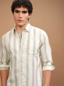 HIGHLANDER Men Slim Fit Button-Down Collar Vertical Striped Cotton Casual Shirt