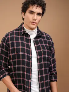 HIGHLANDER Men Spread Collar Gingham Checked Cotton Casual Shirt