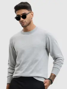 Snitch Grey Round Neck Cotton Casual Pullover Sweaters