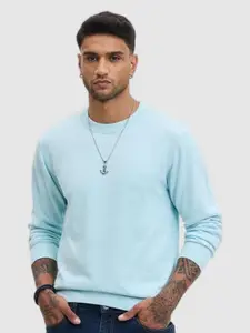 Snitch Blue Round Neck Cotton Casual Pullover Sweaters