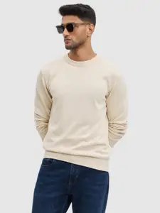 Snitch Beige Round Neck Cotton Casual Pullover Sweaters