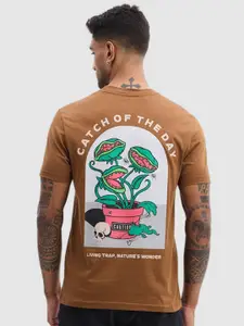 Snitch Brown Graphic Printed Round Neck Slim Fit Cotton Casual T-shirt