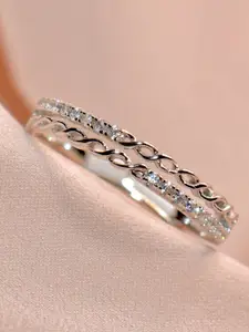 Luxevogue Sterling Silver Rhodium-Plated Cubic Zirconia-Stone Studded Twisted Ring