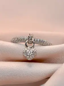 Luxevogue Sterling Silver Rhodium-Plated CZ-Stone Studded Heart Sparkle Finger Ring
