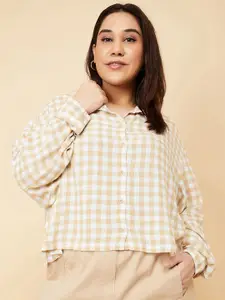 max Women Plus Size Boxy Fit Spread Collar Gingham Checked Casual Shirt