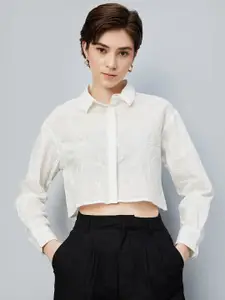 max Women Boxy Fit Spread Collar Textured Cotton Casual Shirt