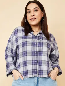 max Women Plus Size Boxy Fit Spread Collar Tartan Checked Casual Shirt