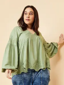 Max Women Plus size V-Neck Empire Puff Sleeve Top