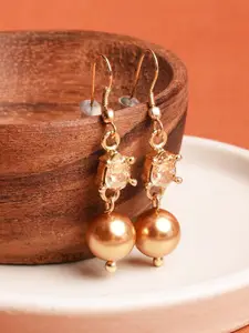 XPNSV Gold-Plated Swarovski Crystal Studded and Pearl Beaded Teardrop Shaped Drop Earrings
