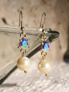 XPNSV Gold-Plated Iridescent Crystal Studded And Pearl Beaded Teardrop Shaped Drop Earrings