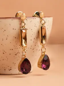 XPNSV Gold-Plated Swarovski Crystal Studded Teardrop Shaped Drop Earrings