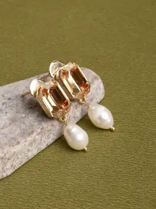 XPNSV Gold-Plated Swarovski Crystal Studded And Pearl Beaded Square Drop Earrings