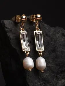 XPNSV Gold-Plated Swarovski Crystal Studded And Pearl Beaded Square Drop Earrings