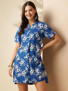 Anouk Women Blue Floral Printed A-Line Knee Length Dress