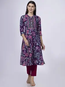 Saffron Threads Floral Embroidered Mandarin Collar Straight Pure Cotton Kurta