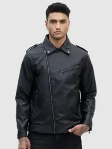 Snitch Men Spread Collar Solid Casual Biker Jacket