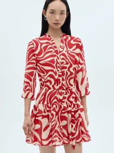 MANGO Abstract Print Puff Sleeves Shirt Dress with Belt Detail