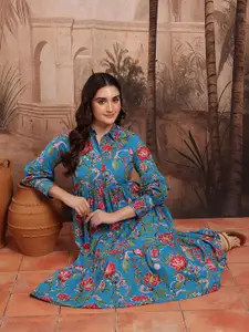 Sangria Floral Print Pure Cotton Tiered Shirt Ethnic Dress