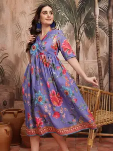 Sangria Floral Printed A-Line Ethnic Dress