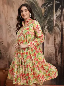 Sangria Floral Printed Shirt Collar Pure Cotton Ethnic Midi A-Line Dress