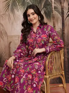Sangria Floral Printed Shirt Collar Pure Cotton Ethnic Midi A-Line Dress