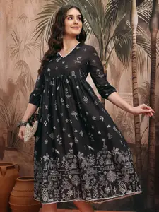 Sangria Printed A-Line Ethnic Dress