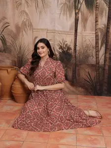 Sangria Indie Floral Mandarin Collar Ethnic Midi A-Line Dress