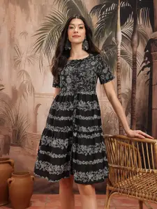 Sangria Floral Print Cotton A-Line Ethnic Dress