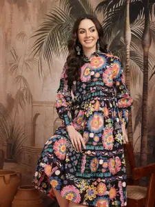 Sangria Ethnic Motifs Print Puff Sleeves Pure Cotton Shirt Style Dress