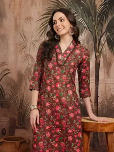 Sangria Floral Print Lace Detail A-Line Kurta
