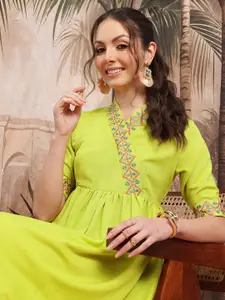 Sangria Embroidered Pleated Ethnic A-Line Midi Dress