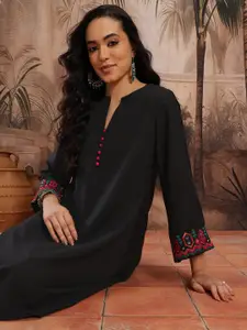 Sangria Geometric Embroidered Mirror Work Detail A-Line Kurta with Mock Buttons