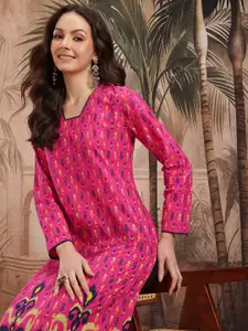 Sangria Ethnic Motifs Printed Pure Cotton Straight Kurta with Lace Insert Detail