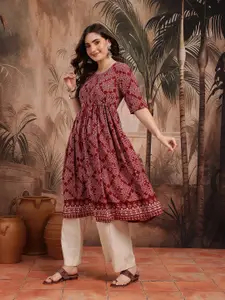 Sangria Geometric Printed Fit and Flare Ethnic Dress