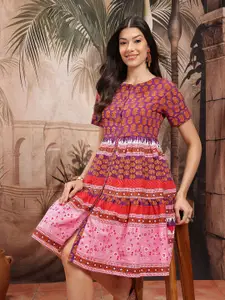 Sangria Floral Print Cotton A-Line Ethnic Dress