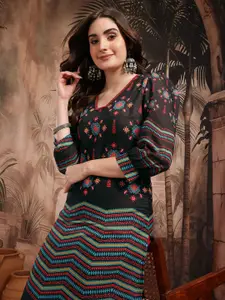 Sangria Ethnic Motifs Printed Puff Sleeves Straight Kurta