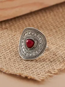 TEEJH Dhani Silver Women Maroon Silver-Plated Gemstone Studded Ring