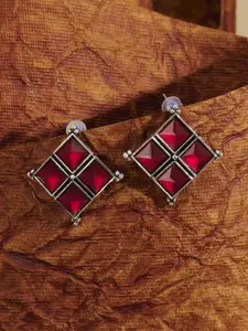 TEEJH Dhamini Silver-Plated Diamond Shaped Oxidised Drop Earrings