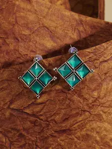 TEEJH Dhamini Silver-Plated Diamond Shaped Oxidised Drop Earrings