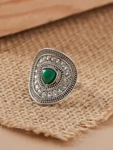 TEEJH Phool Silver Women Green Silver-Plated Gemstone Studded Ring
