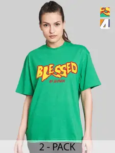 Leotude Women Pack Of 2 Typography Printed Round Neck Cotton Oversized T-shirts