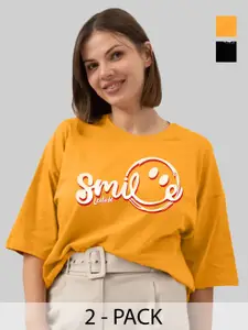 Leotude Women Pack Of 2 Graphic Printed Round Neck Cotton Oversized T-shirts